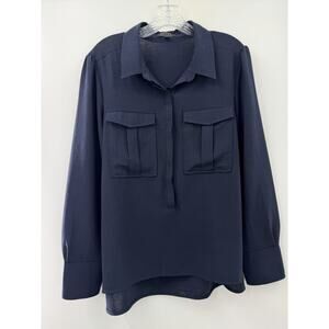 AYR Women’s Long Sleeve Navy Blue Popover Blouse Shirt Pockets Size Large